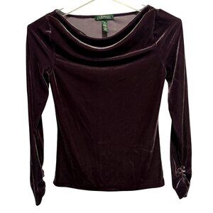 LRL Ralph Lauren Drape Cowl Neck Deep Plum Velvet Pullover Top Long Sleeves Sm